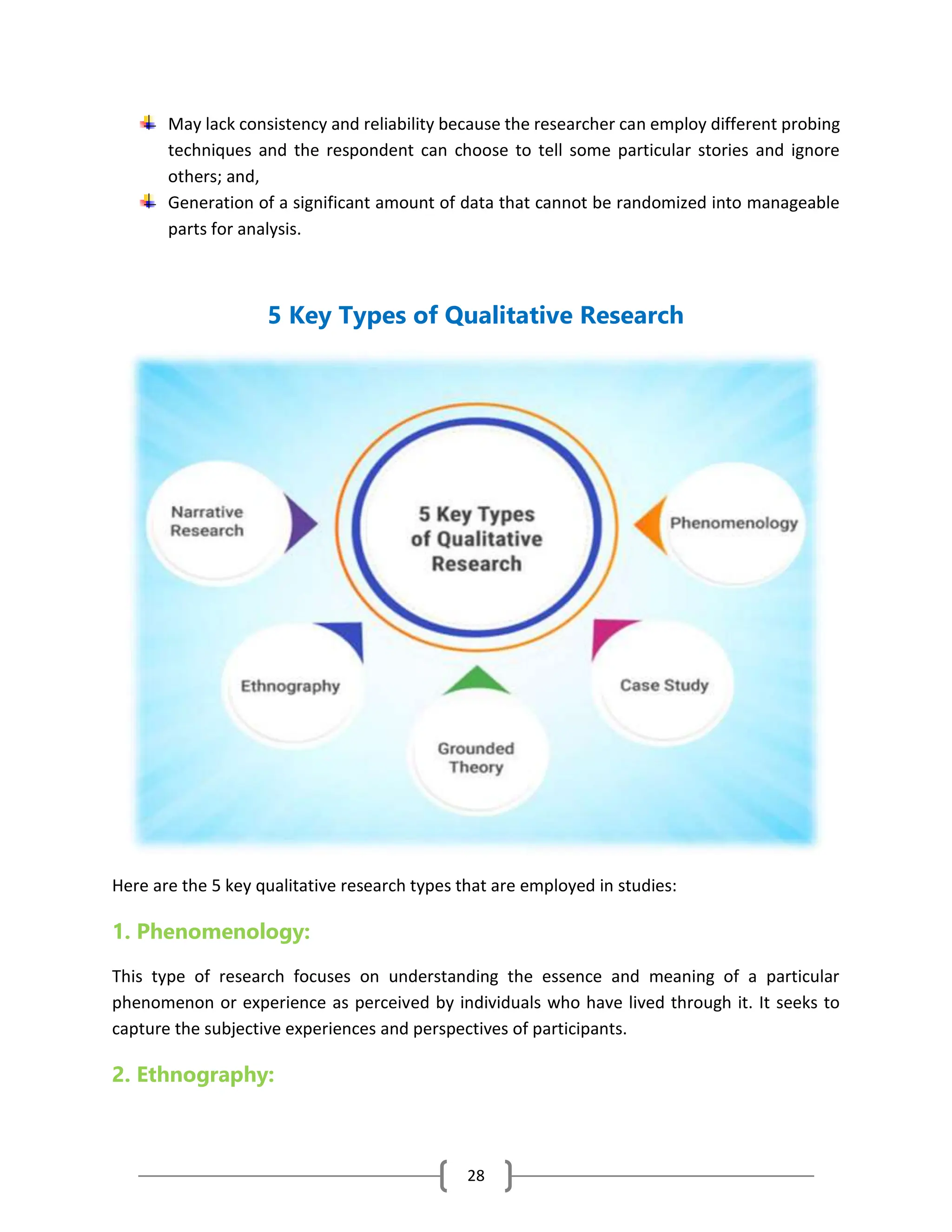 28
May lack consistency and reliability because the researcher can employ different probing
techniques and the respondent can choose to tell some particular stories and ignore
others; and,
Generation of a significant amount of data that cannot be randomized into manageable
parts for analysis.
5 Key Types of Qualitative Research
Here are the 5 key qualitative research types that are employed in studies:
1. Phenomenology:
This type of research focuses on understanding the essence and meaning of a particular
phenomenon or experience as perceived by individuals who have lived through it. It seeks to
capture the subjective experiences and perspectives of participants.
2. Ethnography:
 