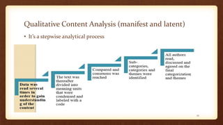 Qualitative Content Analysis (manifest and latent)
• It’s a stepwise analytical process
25
 