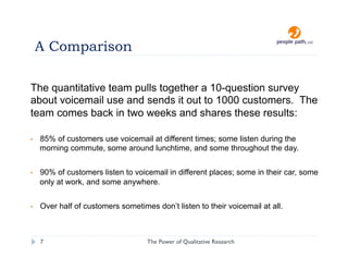 A Comparison

The quantitative team pulls together a 10-question survey
about voicemail use and sends it out to 1000 customers. The
team comes back in two weeks and shares these results:

•    85% of customers use voicemail at different times; some listen during the
     morning commute, some around lunchtime, and some throughout the day.


•    90% of customers listen to voicemail in different places; some in their car, some
     only at work, and some anywhere.


•    Over half of customers sometimes don’t listen to their voicemail at all.



     7                              The Power of Qualitative Research   christina@people-path.com
 