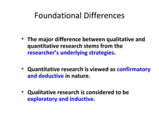 Foundational Differences
• The major difference between qualitative and
quantitative research stems from the
researcher’s underlying strategies.
• Quantitative research is viewed as confirmatory
and deductive in nature.
• Qualitative research is considered to be
exploratory and inductive.
 