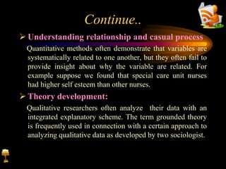 Continue..
 Understanding relationship and casual process
Quantitative methods often demonstrate that variables are
systematically related to one another, but they often fail to
provide insight about why the variable are related. For
example suppose we found that special care unit nurses
had higher self esteem than other nurses.
 Theory development:
Qualitative researchers often analyze their data with an
integrated explanatory scheme. The term grounded theory
is frequently used in connection with a certain approach to
analyzing qualitative data as developed by two sociologist.
 