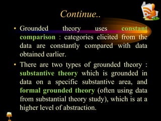 Continue..
• Grounded theory uses constant
comparison : categories elicited from the
data are constantly compared with data
obtained earlier.
• There are two types of grounded theory :
substantive theory which is grounded in
data on a specific substantive area, and
formal grounded theory (often using data
from substantial theory study), which is at a
higher level of abstraction.
 
