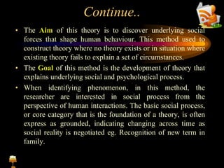 Continue..
• The Aim of this theory is to discover underlying social
forces that shape human behaviour. This method used to
construct theory where no theory exists or in situation where
existing theory fails to explain a set of circumstances.
• The Goal of this method is the development of theory that
explains underlying social and psychological process.
• When identifying phenomenon, in this method, the
researcher are interested in social process from the
perspective of human interactions. The basic social process,
or core category that is the foundation of a theory, is often
express as grounded, indicating changing across time as
social reality is negotiated eg. Recognition of new term in
family.
 