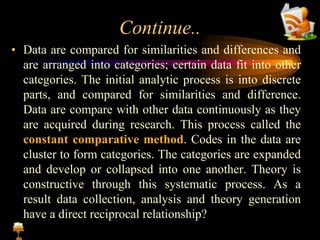 Continue..
• Data are compared for similarities and differences and
are arranged into categories; certain data fit into other
categories. The initial analytic process is into discrete
parts, and compared for similarities and difference.
Data are compare with other data continuously as they
are acquired during research. This process called the
constant comparative method. Codes in the data are
cluster to form categories. The categories are expanded
and develop or collapsed into one another. Theory is
constructive through this systematic process. As a
result data collection, analysis and theory generation
have a direct reciprocal relationship?
 