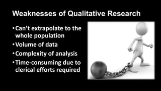 Weaknesses of Qualitative Research
•Can’t extrapolate to the
whole population
•Volume of data
•Complexity of analysis
•Time-consuming due to
clerical efforts required
 