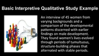 Basic Interpretive Qualitative Study Example
An interview of 45 women from
varying backgrounds and a
comparison of the developmental
patterns discerned with earlier
findings on male development.
They found women’s lives evolved
through periods of tumultuous,
structure-building phases that
alternated with stable periods.
 