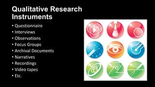Qualitative Research
Instruments
• Questionnaire
• Interviews
• Observations
• Focus Groups
• Archival Documents
• Narratives
• Recordings
• Video tapes
• Etc.
 