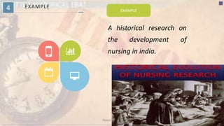 4 EXAMPLE
EXAMPLE
A historical research on
the development of
nursing in india.
26Riiddhi Parmar
 