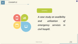 4 EXAMPLE
EXAMPLE
A case study on availbility
and utilization of
emergency services in
civil hospitl.
29Riiddhi Parmar
 