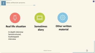 2 Data collection process
Real life situation
In-depth interview
Semistructured,
Audiotapped
interview
Sometimes
diary
Other written
material
9Riiddhi Parmar
 