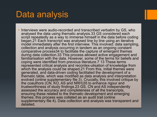 Data analysis
 Interviews were audio-recorded and transcribed verbatim by GS, who
analysed the data using thematic analysis.33 GS considered each
script repeatedly as a way to immerse himself in the data before coding
began.21 Each transcript was analysed line by line using an iterative
model immediately after the first interview. This involved: data sampling,
collection and analysis occurring in tandem as an ongoing constant
comparative process34 to facilitate the capture of emergent themes
during data collection.33 This process allowed active engagement and
familiarisation with the data. However, some of the terms for beliefs and
coping were identified from previous literature.7 13 These terms
represented critical analysis and recontex-ulisation of knowledge from
which the analysis could be shaped.21 From this, initial themes were
generated, and data-driven coding facilitated the development of a
thematic table, which was modified as data analysis and interpretation
evolved (online supplementary file 3). Crucially, this involved critique by
the coauthors (CN, KO, AS and NRH)35 to enhance rigour and
trustworthiness of study findings.23 GS, CN and AS independently
assessed the accuracy and completeness of all the transcripts,
ensuring these related to the thematic development and emerging
themes; this process was collated as an audit trail (online
supplementary file 4). Data collection and analysis was transparent and
detailed.
 