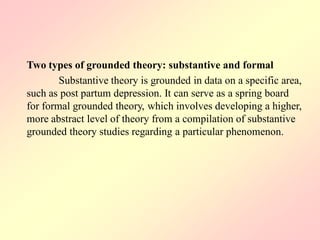 Two types of grounded theory: substantive and formal
Substantive theory is grounded in data on a specific area,
such as post partum depression. It can serve as a spring board
for formal grounded theory, which involves developing a higher,
more abstract level of theory from a compilation of substantive
grounded theory studies regarding a particular phenomenon.
 