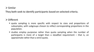  Similar
They both seek to identify participants based on selected criteria.

 Different
    quota sampling is more specific with respect to sizes and proportions of
     subsamples, with subgroups chosen to reflect corresponding proportions in the
     population.
    studies employ purposive rather than quota sampling when the number of
     participants is more of a target than a steadfast requirement – that is, an
     approximate rather than a strict quota.
 
