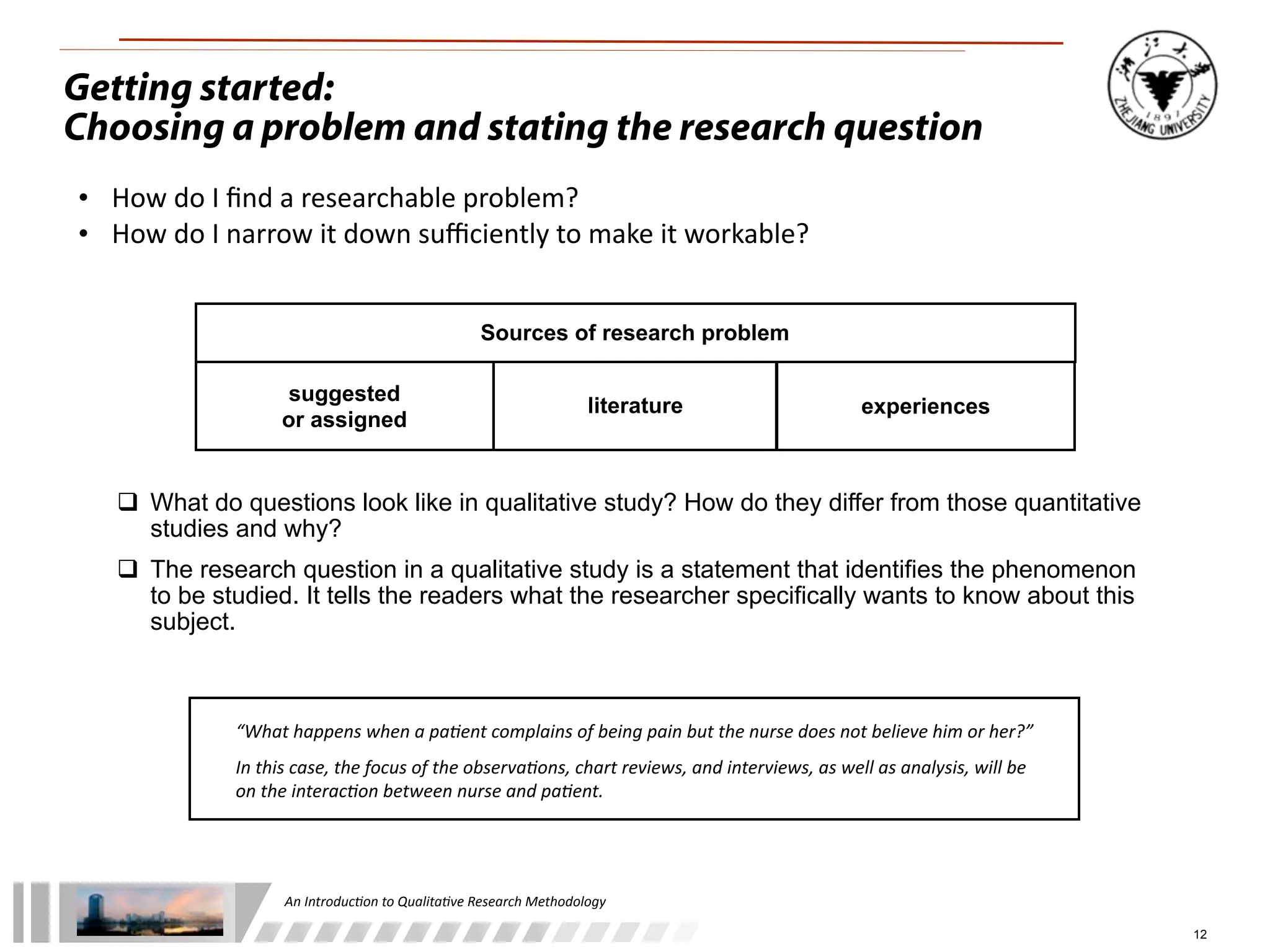 An	
  Introduc+on	
  to	
  Qualita+ve	
  Research	
  Methodology
12
Getting started:
Choosing a problem and stating the research question
• How	
  do	
  I	
  ﬁnd	
  a	
  researchable	
  problem?
• How	
  do	
  I	
  narrow	
  it	
  down	
  suﬃciently	
  to	
  make	
  it	
  workable?
Sources of research problem
suggested
or assigned
literature experiences
 What do questions look like in qualitative study? How do they differ from those quantitative
studies and why?
 The research question in a qualitative study is a statement that identifies the phenomenon
to be studied. It tells the readers what the researcher specifically wants to know about this
subject.
“What	
  happens	
  when	
  a	
  pa,ent	
  complains	
  of	
  being	
  pain	
  but	
  the	
  nurse	
  does	
  not	
  believe	
  him	
  or	
  her?”
In	
  this	
  case,	
  the	
  focus	
  of	
  the	
  observa,ons,	
  chart	
  reviews,	
  and	
  interviews,	
  as	
  well	
  as	
  analysis,	
  will	
  be	
  
on	
  the	
  interac,on	
  between	
  nurse	
  and	
  pa,ent.
 