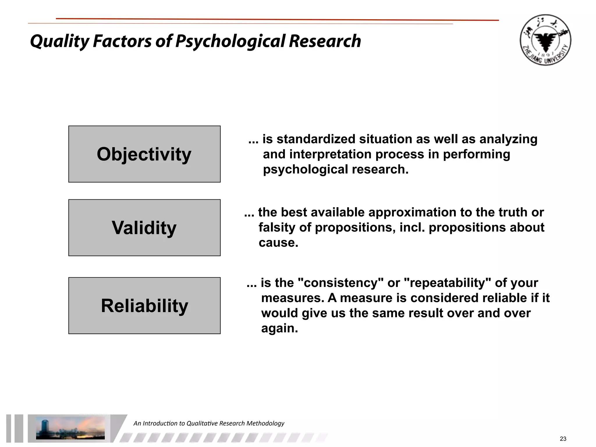An	
  Introduc+on	
  to	
  Qualita+ve	
  Research	
  Methodology
23
Quality Factors of Psychological Research
... the best available approximation to the truth or
falsity of propositions, incl. propositions about
cause.
Objectivity
Validity
Reliability
... is the "consistency" or "repeatability" of your
measures. A measure is considered reliable if it
would give us the same result over and over
again.
... is standardized situation as well as analyzing
and interpretation process in performing
psychological research.
 