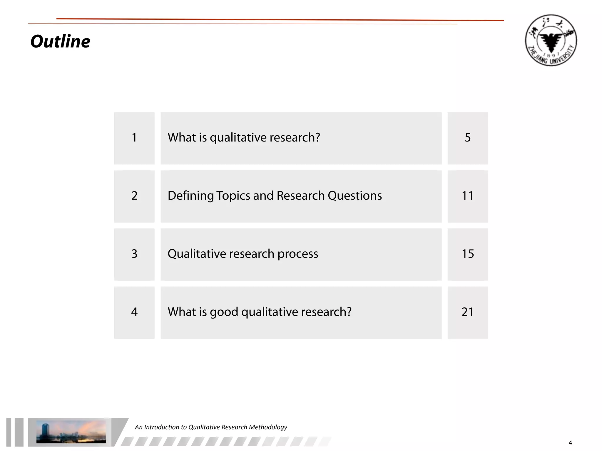 An	
  Introduc+on	
  to	
  Qualita+ve	
  Research	
  Methodology
Outline
1 What is qualitative research? 5
2 Defining Topics and Research Questions 11
3 Qualitative research process 15
4 What is good qualitative research? 21
4
 