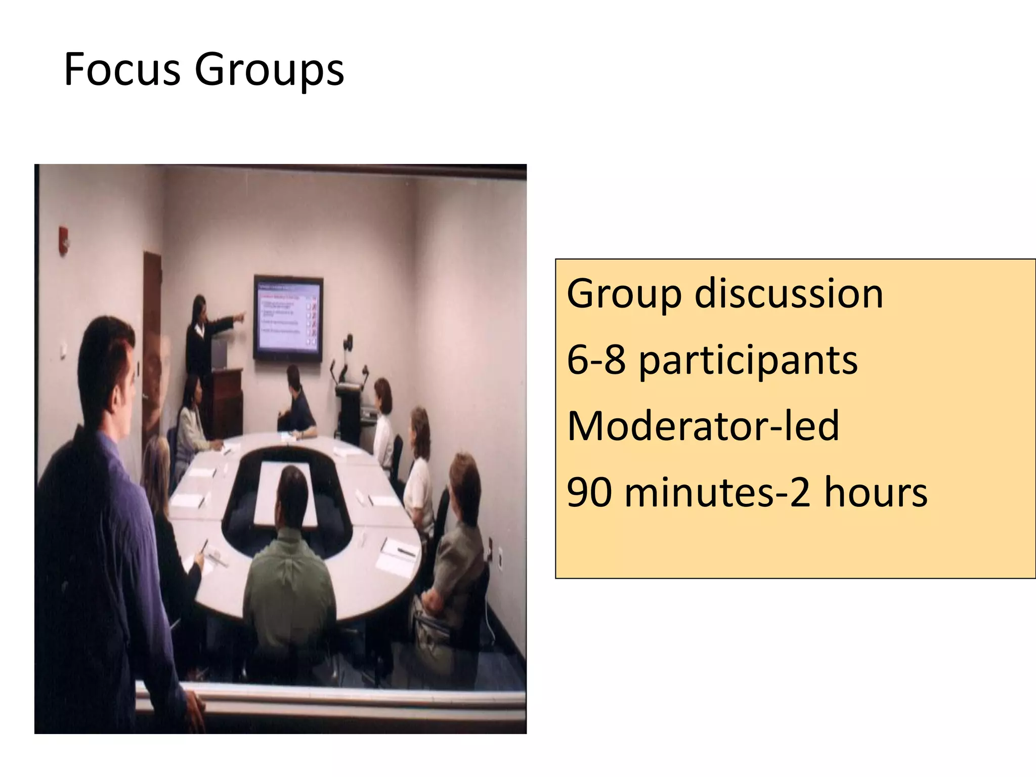 Focus Groups
Group discussion
6-8 participants
Moderator-led
90 minutes-2 hours
 
