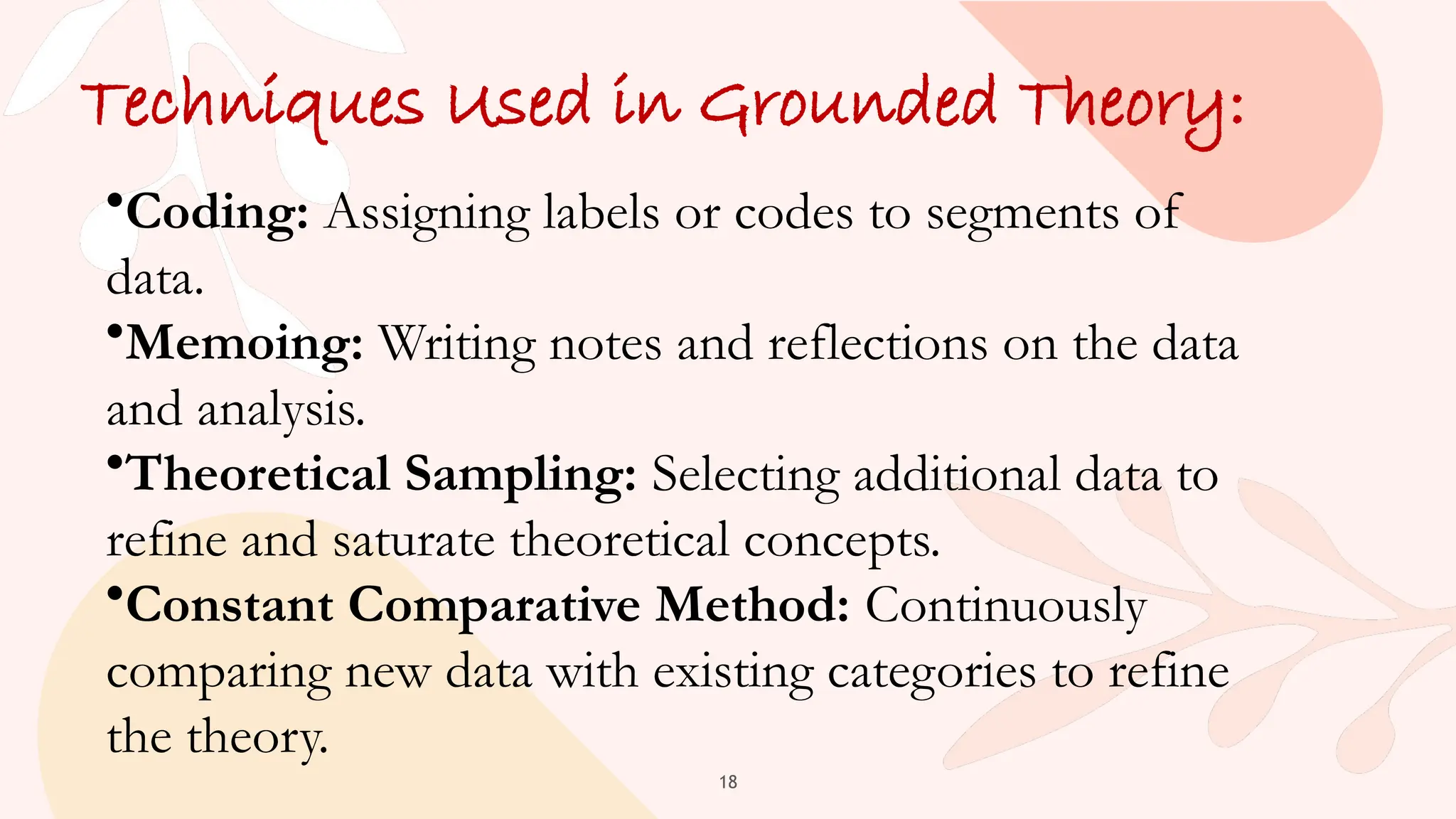 18
Techniques Used in Grounded Theory:
•Coding: Assigning labels or codes to segments of
data.
•Memoing: Writing notes and reflections on the data
and analysis.
•Theoretical Sampling: Selecting additional data to
refine and saturate theoretical concepts.
•Constant Comparative Method: Continuously
comparing new data with existing categories to refine
the theory.
 