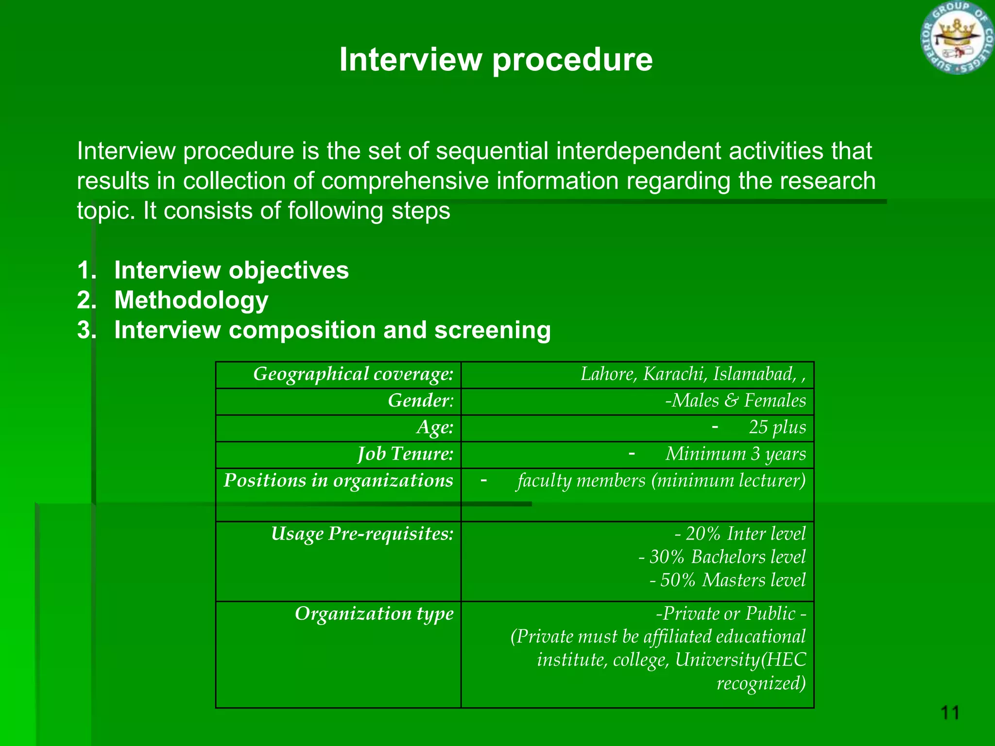 Interview procedure

Interview procedure is the set of sequential interdependent activities that
results in collection of comprehensive information regarding the research
topic. It consists of following steps

1. Interview objectives
2. Methodology
3. Interview composition and screening
                Geographical coverage:                  Lahore, Karachi, Islamabad, ,
                                Gender:                           -Males & Females
                                    Age:                                 -    25 plus
                             Job Tenure:                     -    Minimum 3 years
             Positions in organizations    -    faculty members (minimum lecturer)

                  Usage Pre-requisites:                              - 20% Inter level
                                                                - 30% Bachelors level
                                                                  - 50% Masters level
                     Organization type                             -Private or Public -
                                               (Private must be affiliated educational
                                                  institute, college, University(HEC
                                                                           recognized)
 