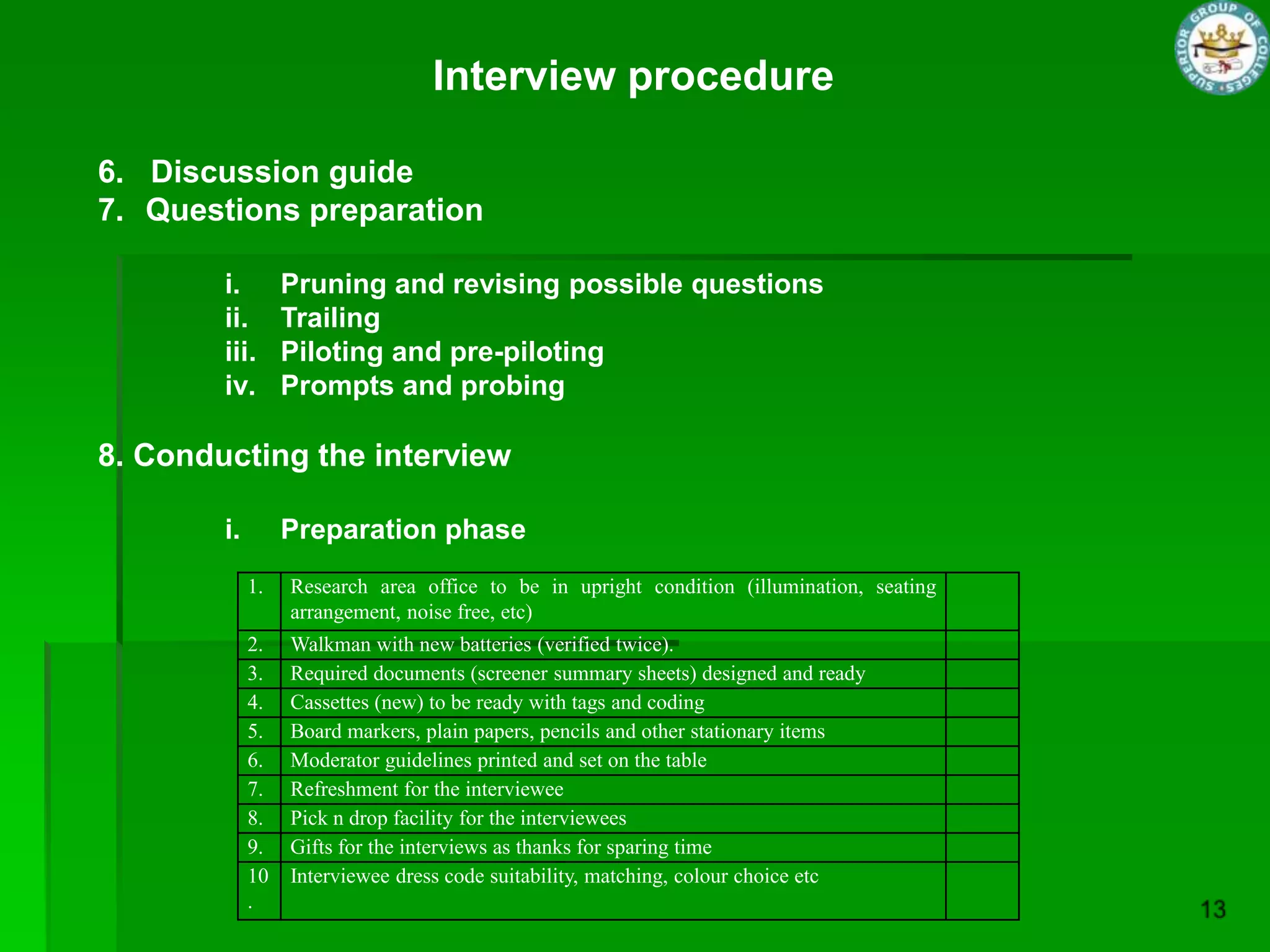 Interview procedure

6. Discussion guide
7. Questions preparation

        i.        Pruning and revising possible questions
        ii.       Trailing
        iii.      Piloting and pre-piloting
        iv.       Prompts and probing

8. Conducting the interview

        i.        Preparation phase
             1.   Research area office to be in upright condition (illumination, seating
                  arrangement, noise free, etc)
             2.   Walkman with new batteries (verified twice).
             3.   Required documents (screener summary sheets) designed and ready
             4.   Cassettes (new) to be ready with tags and coding
             5.   Board markers, plain papers, pencils and other stationary items
             6.   Moderator guidelines printed and set on the table
             7.   Refreshment for the interviewee
             8.   Pick n drop facility for the interviewees
             9.   Gifts for the interviews as thanks for sparing time
             10   Interviewee dress code suitability, matching, colour choice etc
             .
 