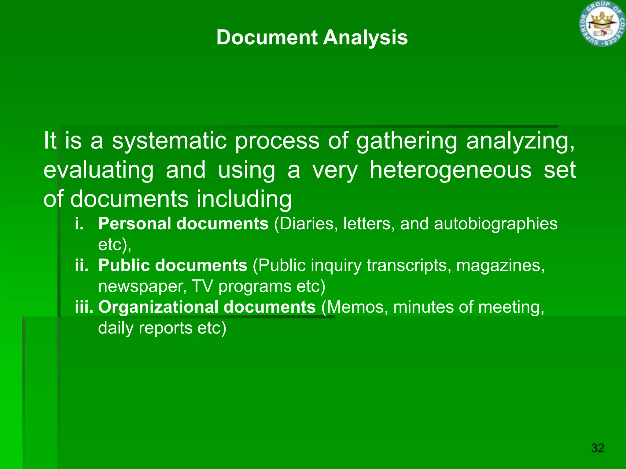 Document Analysis



It is a systematic process of gathering analyzing,
evaluating and using a very heterogeneous set
of documents including
  i. Personal documents (Diaries, letters, and autobiographies
       etc),
  ii. Public documents (Public inquiry transcripts, magazines,
       newspaper, TV programs etc)
  iii. Organizational documents (Memos, minutes of meeting,
       daily reports etc)
 