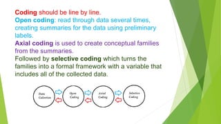 Coding should be line by line.
Open coding: read through data several times,
creating summaries for the data using preliminary
labels.
Axial coding is used to create conceptual families
from the summaries.
Followed by selective coding which turns the
families into a formal framework with a variable that
includes all of the collected data.
 