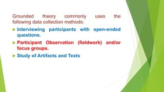 Grounded theory commonly uses the
following data collection methods:
 Interviewing participants with open-ended
questions.
 Participant Observation (fieldwork) and/or
focus groups.
 Study of Artifacts and Texts
 