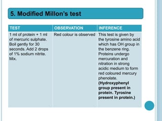 TEST OBSERVATION INFERENCE
1 ml of protein + 1 ml
of mercuric sulphate.
Boil gently for 30
seconds. Add 2 drops
of 1% sodium nitrite.
Mix.
Red colour is observed This test is given by
the tyrosine amino acid
which has OH group in
the benzene ring.
Proteins undergo
mercuration and
nitration in strong
acidic medium to form
red coloured mercury
phenolate.
(Hydroxyphenyl
group present in
protein. Tyrosine
present in protein.)
5. Modified Millon’s test
 