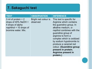 TEST OBSERVATION INFERENCE
3 ml of protein + 2
drops of 40% NaOH +
4 drops of alpha
naphthol + 10 drops of
bromine water. Mix.
Bright red colour is
observed
This test is specific for
Arginine which contains
the guanidino group. In
alkaline medium, α-
napthol combines with the
guanidine group of
arginine to form a
complex which is oxidized
by sodium hypobromite to
produce a caramel red
colour. (Guanidino group
present in protein.
Arginine present in
protein.)
7. Sakaguchi test
 