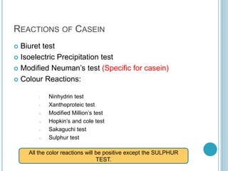 REACTIONS OF CASEIN
 Biuret test
 Isoelectric Precipitation test
 Modified Neuman’s test (Specific for casein)
 Colour Reactions:
i. Ninhydrin test
ii. Xanthoproteic test
iii. Modified Million’s test
iv. Hopkin’s and cole test
v. Sakaguchi test
vi. Sulphur test
All the color reactions will be positive except the SULPHUR
TEST.
 