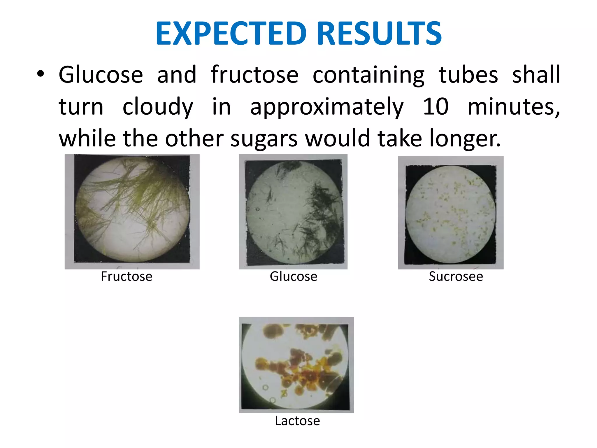 EXPECTED RESULTS
• Glucose and fructose containing tubes shall
turn cloudy in approximately 10 minutes,
while the other sugars would take longer.
Fructose Glucose Sucrosee
Lactose
 