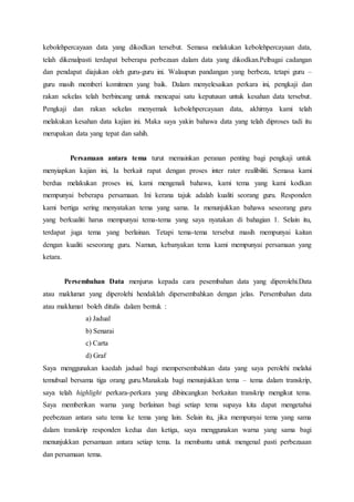 kebolehpercayaan data yang dikodkan tersebut. Semasa melakukan kebolehpercayaan data,
telah dikenalpasti terdapat beberapa perbezaan dalam data yang dikodkan.Pelbagai cadangan
dan pendapat diajukan oleh guru-guru ini. Walaupun pandangan yang berbeza, tetapi guru –
guru masih memberi komitmen yang baik. Dalam menyelesaikan perkara ini, pengkaji dan
rakan sekelas telah berbincang untuk mencapai satu keputusan untuk kesahan data tersebut.
Pengkaji dan rakan sekelas menyemak kebolehpercayaan data, akhirnya kami telah
melakukan kesahan data kajian ini. Maka saya yakin bahawa data yang telah diproses tadi itu
merupakan data yang tepat dan sahih.
Persamaan antara tema turut memainkan peranan penting bagi pengkaji untuk
menyiapkan kajian ini, Ia berkait rapat dengan proses inter rater realibiliti. Semasa kami
berdua melakukan proses ini, kami mengenali bahawa, kami tema yang kami kodkan
mempunyai beberapa persamaan. Ini kerana tajuk adalah kualiti seorang guru. Responden
kami bertiga sering menyatakan tema yang sama. Ia menunjukkan bahawa seseorang guru
yang berkualiti harus mempunyai tema-tema yang saya nyatakan di bahagian 1. Selain itu,
terdapat juga tema yang berlainan. Tetapi tema-tema tersebut masih mempunyai kaitan
dengan kualiti seseorang guru. Namun, kebanyakan tema kami mempunyai persamaan yang
ketara.
Persembahan Data menjurus kepada cara pesembahan data yang diperolehi.Data
atau maklumat yang diperolehi hendaklah dipersembahkan dengan jelas. Persembahan data
atau maklumat boleh ditulis dalam bentuk :
a) Jadual
b) Senarai
c) Carta
d) Graf
Saya menggunakan kaedah jadual bagi mempersembahkan data yang saya perolehi melalui
temubual bersama tiga orang guru.Manakala bagi menunjukkan tema – tema dalam transkrip,
saya telah highlight perkara-perkara yang dibincangkan berkaitan transkrip mengikut tema.
Saya memberikan warna yang berlainan bagi setiap tema supaya kita dapat mengetahui
peebezaan antara satu tema ke tema yang lain. Selain itu, jika mempunyai tema yang sama
dalam transkrip responden kedua dan ketiga, saya menggunakan warna yang sama bagi
menunjukkan persamaan antara setiap tema. Ia membantu untuk mengenal pasti perbezaaan
dan persamaan tema.
 