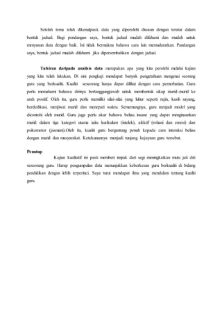 Setelah tema telah dikenalpasti, data yang diperolehi disusun dengan teratur dalam
bentuk jadual. Bagi pendangan saya, bentuk jadual mudah difahami dan mudah untuk
menyusun data dengan baik. Ini tidak bermakna bahawa cara lain memudaratkan. Pandangan
saya, bentuk jadual mudah difahami jika dipersembahkan dengan jadual.
Tafsiran daripada analisis data merupakan apa yang kita perolehi melalui kajian
yang kita telah lakukan. Di sini pengkaji mendapat banyak pengetahuan mengenai seorang
guru yang berkualiti. Kualiti seseorang hanya dapat dilihat dengan cara pemerhatian. Guru
perlu memahami bahawa dirinya bertanggungjawab untuk membentuk sikap murid-murid ke
arah positif. Oleh itu, guru perlu memiliki nilai-nilai yang luhur seperti rajin, kasih sayang,
berdedikasi, menjiwai murid dan menepati waktu. Sememangnya, guru menjadi model yang
dicontohi oleh murid. Guru juga perlu akur bahawa beliau insane yang dapat menginsankan
murid dalam tiga kategori utama iaitu kurikulum (intelek), afektif (rohani dan emosi) dan
psikomotor (jasmani).Oleh itu, kualiti guru bergantung penuh kepada cara interaksi beliau
dengan murid dan masyarakat. Ketekunannya menjadi tunjang kejayaan guru tersebut.
Penutup
Kajian kualitatif ini pasti memberi impak dari segi meningkatkan mutu jati diri
seseorang guru. Harap pengumpulan data menunjukkan keberkesan guru berkualiti di bidang
pendidikan dengan lebih terperinci. Saya turut mendapat ilmu yang mendalam tentang kualiti
guru.
 