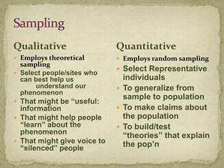 Qualitative                  Quantitative
 Employs theoretical         Employs random sampling
  sampling
                              Select Representative
 Select people/sites who
  can best help us             individuals
      understand our          To generalize from
  phenomenon
                               sample to population
 That might be “useful:
  information                 To make claims about
 That might help people       the population
  “learn” about the           To build/test
  phenomenon                   “theories” that explain
 That might give voice to
  “silenced” people            the pop‟n
 