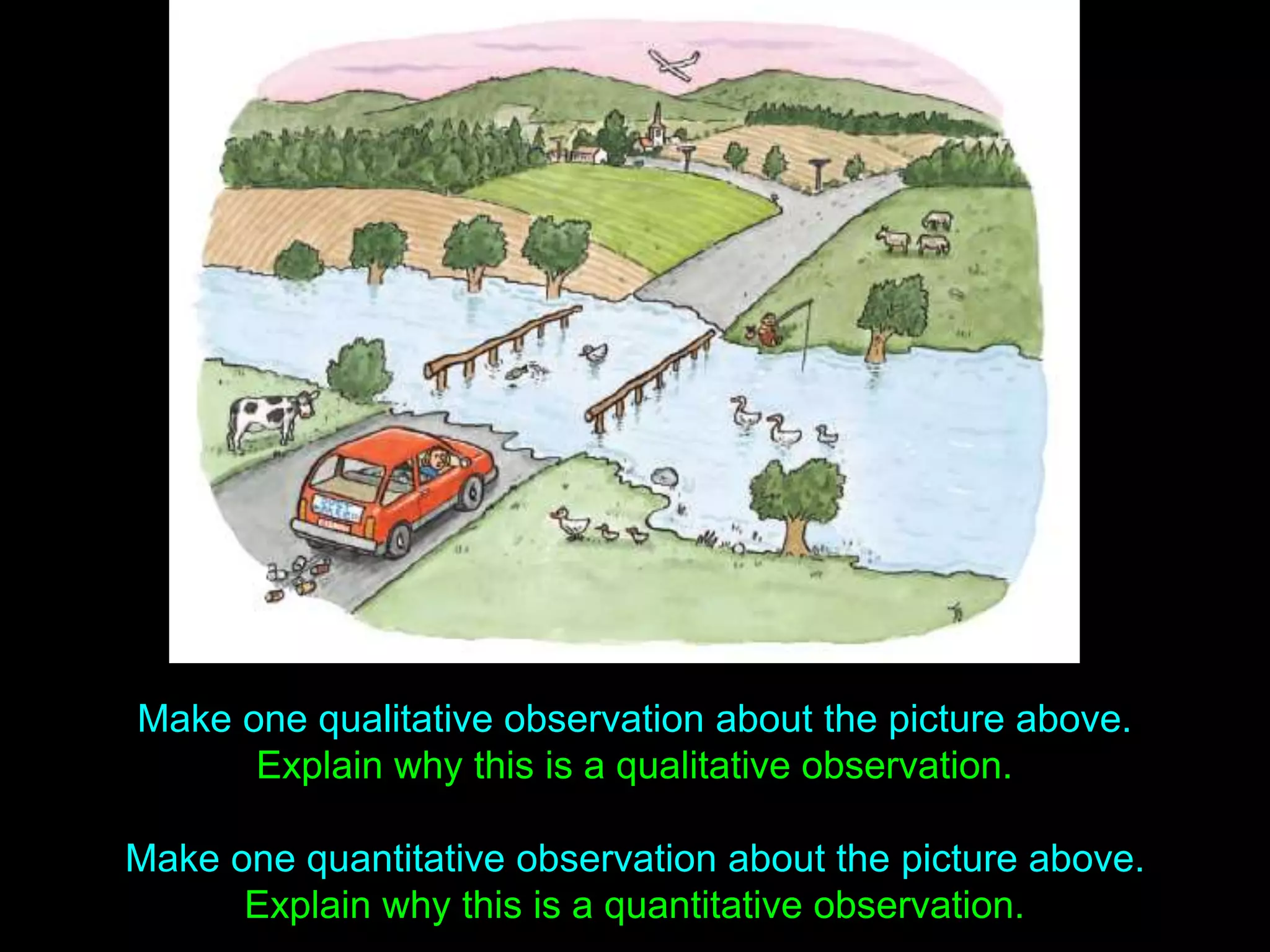 Make one qualitative observation about the picture above.
Explain why this is a qualitative observation.
Make one quantitative observation about the picture above.
Explain why this is a quantitative observation.
 