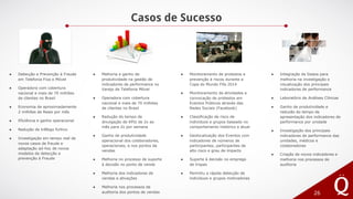 Casos de Sucesso
26
● Detecção e Prevenção à Fraude
em Telefonia Fixa e Móvel
● Operadora com cobertura
nacional e mais de 70 milhões
de clientes no Brasil
● Economia de aproximadamente
2 milhões de Reais por mês
● Eficiência e ganho operacional
● Redução de trâfego furtivo
● Investigação em tempo real de
novos casos de fraude e
adaptação ad-hoc de novos
modelos de detecção e
prevenção à Fraude
● Melhoria e ganho de
produtividade na gestão de
indicadores de performance no
Varejo de Telefonia Móvel
● Operadora com cobertura
nacional e mais de 70 milhões
de clientes no Brasil
● Redução do tempo de
divulgação de KPIs de 2x ao
mês para 2x por semana
● Ganho de produtividade
operacional dos colaboradores,
operacionais, e nos pontos de
vendas
● Melhoria no processo de suporte
à decisão no ponto de venda
● Melhoria dos indicadores de
vendas e ativações
● Melhoria nos processos de
auditoria dos pontos de vendas
● Monitoramento de protestos e
prevenção à riscos durante a
Copa do Mundo Fifa 2014
● Monitoramento de atividades e
convocação de protestos em
Eventos Públicos através das
Redes Sociais (Facebook)
● Classificação de risco de
indivíduos e grupos baseado no
comportamento histórico e atual
● Geolocalização dos Eventos com
indicadores de números de
participantes, participantes de
alto risco e grau de impacto
● Suporte à decisão no emprego
de tropas
● Permitiu a rápida detecção de
indivíduos e grupos motivadores
● Integração de Dados para
melhoria na investigação e
visualização dos principais
indicadores de performance
● Laboratório de Análises Clínicas
● Ganho de produtividade e
reduzão do tempo de
apresentação dos indicadores de
performance por unidade
● Investigação dos principais
indicadores de performance das
unidades, médicos e
colaboradores
● Criação de novos indicadores e
melhoria nos processos de
auditoria
 