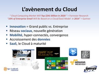 L’avènement du Cloud
  “ Cloud Computing Market Will Top $241 Billion in 2020 ” – Forrester Research
“10% of Enterprise Email Will Be Based on a Cloud/SaaS Model in 2014” – Gartner


   Innovation = Grand public vs. Entreprise
   Réseau sociaux, nouvelle génération
   Mobilité, hyper-connectés, convergence
   Accroissement des données
   SaaS, le Cloud à maturité
 