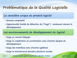 Problématique de la Qualité Logicielle
Le caractère unique du produit logiciel
• Grande complexité
• Opportunités limités de détection de (“bugs”) : seulement durant le
développement
Les environnements de développement du logiciel
• Exige un travail d'équipe
• Exige la coopération et coordination avec d'autres équipes de
développement
• Exige des interfaces avec d'autres systèmes
• Exige la maintenance pendant plusieurs années
Lajouad Rachid11 Assurance Qualité Logiciel (2 ème BTS DSI – IBN SINA – Kenitra)
 