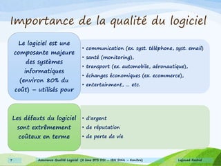 Importance de la qualité du logiciel
• communication (ex. syst. téléphone, syst. email)
• santé (monitoring),
• transport (ex. automobile, aéronautique),
• échanges économiques (ex. ecommerce),
• entertainment, … etc.
Le logiciel est une
composante majeure
des systèmes
informatiques
(environ 80% du
coût) – utilisés pour
• d'argent
• de réputation
• de perte de vie
Les défauts du logiciel
sont extrêmement
coûteux en terme
Lajouad Rachid7 Assurance Qualité Logiciel (2 ème BTS DSI – IBN SINA – Kenitra)
 