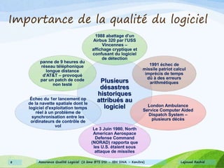 Importance de la qualité du logiciel
Plusieurs
désastres
historiques
attribués au
logiciel
1988 abattage d'un
Airbus 320 par l'USS
Vincennes –
affichage cryptique et
confusant du logiciel
de détection
1991 échec de
missile patriot calcul
imprécis de temps
dû à des erreurs
arithmétiques
London Ambulance
Service Computer Aided
Dispatch System –
plusieurs décès
Le 3 Juin 1980, North
American Aerospace
Defense Command
(NORAD) rapporta que
les U.S. étaient sous
attaque de missiles
Échec du 1er lancement op
de la navette spatiale dont le
logiciel d'exploitation temps
réel à un problème de
synchronisation entre les
ordinateurs de contrôle de
vol
panne de 9 heures du
réseau téléphonique
longue distance
d'AT&T – provoqué
par un patch de code
non testé
Lajouad Rachid8 Assurance Qualité Logiciel (2 ème BTS DSI – IBN SINA – Kenitra)
 