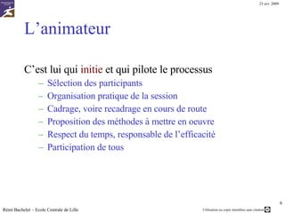 Les quatre phases sont : La constitution du groupe  Le cadrage et la définition de la question de départ La collecte des idées  La sélection des solutions applicables Rémi Bachelet – Ecole Centrale de Lille 