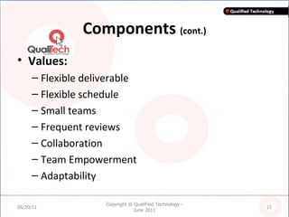 Components  (cont.) Values: Flexible deliverable Flexible schedule Small teams Frequent reviews Collaboration Team Empowerment Adaptability 06/20/11 Copyright @ QualiFied Technology - June 2011 