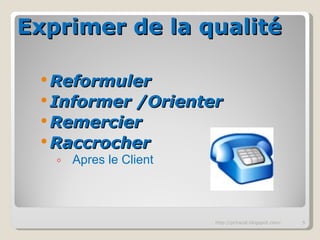Exprimer de la qualité Reformuler Informer /Orienter Remercier Raccrocher Apres le Client http://pchazal.blogspot.com/ 