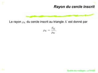 Rayon du cercle inscrit


Le rayon       du cercle inscrit au triangle    est donné par
           




                                   
                            


                                   




                                                     ´
                                               Qualite des maillages – p.70/329
 