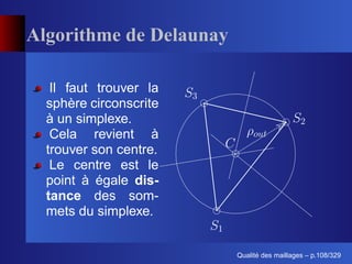 Algorithme de Delaunay

   Il faut trouver la
  sphère circonscrite
  à un simplexe.
   Cela revient à
  trouver son centre.
   Le centre est le
  point à égale dis-
  tance des som-
  mets du simplexe.


                               ´
                         Qualite des maillages – p.108/329
 