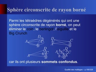 Sphère circonscrite de rayon borné
Parmi les tétraèdres dégénérés qui ont une
sphère circonscrite de rayon borné, on peut
éliminer le coin, le berlingot, l’aiguille et le
Big Crunch




car ils ont plusieurs sommets confondus.
                                           ´
                                     Qualite des maillages – p.166/329
 