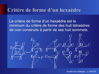 Critère de forme d’un hexaèdre
Le critère de forme d’un hexaèdre est le
minimum du critère de forme des huit tétraèdres
de coin construits à partir de ses huit sommets.




                                        ´
                                  Qualite des maillages – p.180/329
 