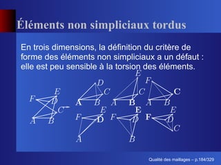 Éléments non simpliciaux tordus
En trois dimensions, la déﬁnition du critère de
forme des éléments non simpliciaux a un défaut :
elle est peu sensible à la torsion des éléments.




                                       ´
                                 Qualite des maillages – p.184/329
 