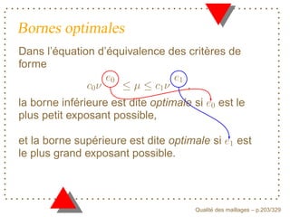 Bornes optimales
Dans l’équation d’équivalence des critères de
forme


la borne inférieure est dite optimale si      est le
plus petit exposant possible,

et la borne supérieure est dite optimale si           est
le plus grand exposant possible.



                                            ´
                                      Qualite des maillages – p.203/329
 