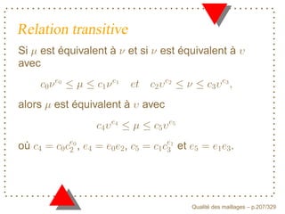 Relation transitive
Si est équivalent à         et si   est équivalent à
avec    E




                    F




                                    G




                                                          D
alors   est équivalent à       avec
                   H




                                      I
où          ,           ,                 et                  .
            E




                                      F




                                                     ´
                                               Qualite des maillages – p.207/329
 